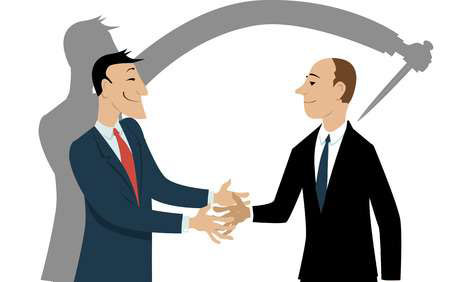 99326248 stock vector dishonest businessman shaking hands with a person his shadow showing him stabbing colleague in the b 2